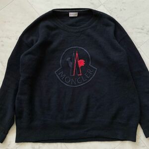 美品/Lサイズ☆ MONCLER モンクレール MAGLIONE TRICOT GIROCOLLO デカロゴ刺繍 クルーネック ニット トップス 薄手 春 ブラック 黒 メンズ