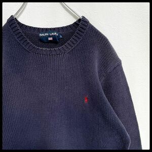 【鬼フェード】ポロラルフローレン　刺繍ロゴ　ポニー　コットンニットセーター　紺　レディース　Lサイズ　 POLO RALPH LAUREN