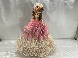 E5-147 昭和レトロ ポーズ人形 ピンク ドレス フラワー 巻き髪 お姫様 65cm レトロポップ プリンセス レース ドール 木製台座