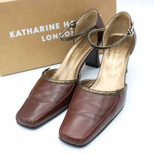キャサリン・ハムネット スクエアトゥパンプス レザー アンクルストラップ 靴 レディース 24.5cmサイズ ブラウン KATHARINE HAMNETT
