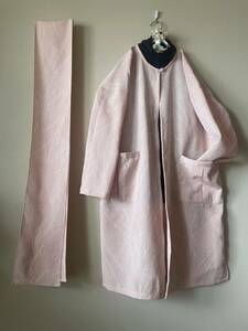 ★handmade着物リメイク：ピンクベージュ正絹紬から羽織るロング丈カーディガントップス：M~LL★