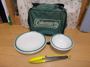 コールマン Coleman メラミンテーブルウェアセット 24Ｃｍ皿 4枚 16Ｃｍボウル 3枚 少し使用 清掃済 トング付きです。 