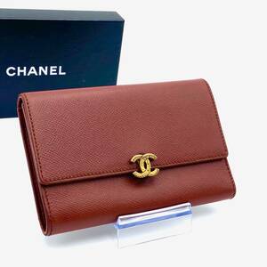 １円～ 超美品 CHANEL シャネル キャビアスキン 三つ折り 財布 ココマーク ５番台 箱付き