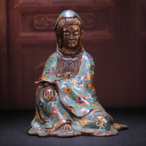 中国 清代 乾隆年制 銅製 景泰藍 自在観音 仏像 仏教古美術 供養品 細密彫 時代物 置物 中国古美術 唐物 TWB94