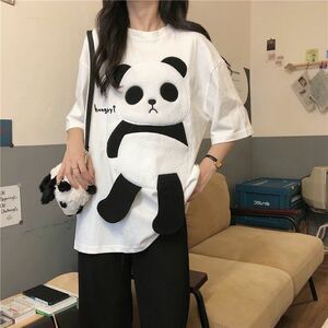 Tシャツ ビッグシルエット 半袖 トップス カットソー パンダ シャツ オーバーサイズ レディース デザイン L 原宿系 韓国系 白 ホワイト