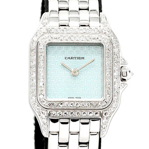 カルティエ Cartier パンテールSM K18WG 2重ダイヤベゼル 2Cロゴ ライトブルー文字盤 レディース腕時計 クォーツ 68.6g 金無垢