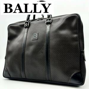 【極美品】バリー BALLYブリーフケース トートバッグ A4収納 書類 通勤 大容量 BB柄 エンボス メンズ ビジネス ブラック レザー PVC