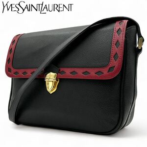 希少■美品■YVESSAINTLAURENT イヴサンローラン ショルダーバッグ ダイヤカット ブラック レザー 黒 本革 YSL ゴールド金具 クロスボディ