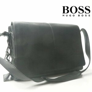 美品 HUGO BOSS ヒューゴボス 高級！ファーストライン 牛革 オールレザー メッセンジャー ショルダーバッグ 黒【参考価格￥124,740-】