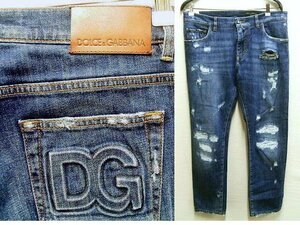 ●即決[50]DOLCE&GABBANA DENIM SLIM スリム 立体DGロゴ ダメージ クラッシュ リペア ストレッチ デニム GY07CZ/G8DN4 パンツ■6802