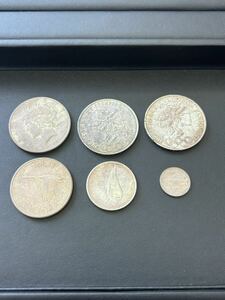 1円〜 銀貨6枚　外国銀貨　1ドル1925年銀貨　1968年メキシコオリンピック　25ペソ銀貨　カナダ銀貨　比重確認済み　総重量109g