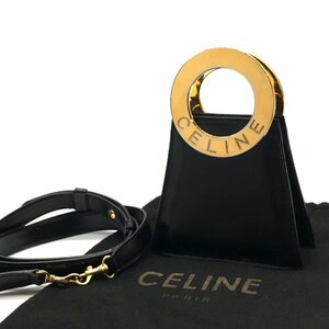 良品 CELINE セリーヌ サークル金具 ヴィンテージ レザー 2WAY ミニ ハンド ショルダー バッグ ブラック a2295