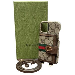 GUCCI グッチ 675983 GGスプリーム オフィディア シェリー iPhoneケース ブラウン系 ストラップ破損 レザー カードケース