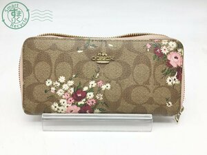 2404605001　＊ COACH コーチ F29931 財布 シグネチャー ベージュ ピンク 花 ラウンドジップ 長財布 ウォレット 札入れ 中古 ジャンク