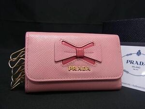 1円 ■美品■ PRADA プラダ 1PG222 サフィアーノレザー リボン 6連 キーケース 鍵入れ レディース ピンク系 AW6695