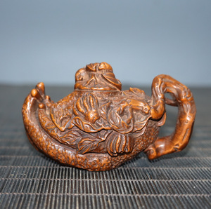 ▽鴻▽ 黄楊木製 細密彫 仏手把把壺 置物 古賞物 中国古玩 中国古美術