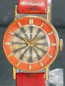 AUNONA アウノナ ONIENT 09650 アナログ 手巻き式 ヴィンテージ 腕時計 2針 レッド ゴールド レザーベルト スモールサイズ 動作確認済み