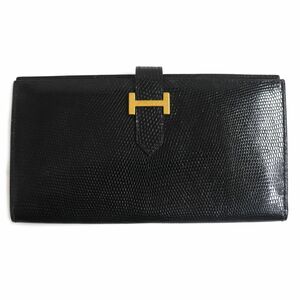 美品▼HERMES エルメス ヴィンテージ ベアン クラシック リザードレザー ウォレット/2つ折り長財布 黒 ゴールド金具 仏製 〇Y刻印 箱・袋付