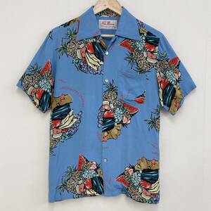 Aloha Blossom レーヨン アロハシャツ フルーツ 総柄 水色 40サイズ アロハブロッサム 半袖 開襟 オープンカラー シャツ 柄シャツ 3060020