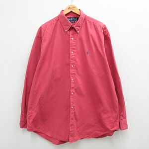 XL/古着 ラルフローレン 長袖 ブランド シャツ メンズ 90s ワンポイントロゴ BLAIRE 大きいサイズ ロング丈 コットン ボタンダウン 赤 レッ