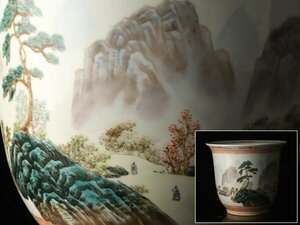 【琴》送料無料 中国美術 色絵粉彩山水図植木鉢 高31.5cm WJ014