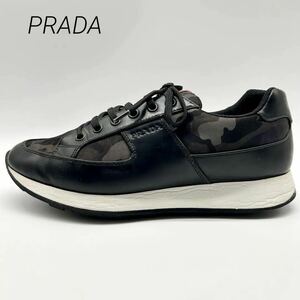 1円 【美品】 PRADA プラダ 【王者の貫禄】 メンズ スニーカー ローカット 靴 シューズ ビックロゴ カモフラ 迷彩 ブラック 黒 25.5相当