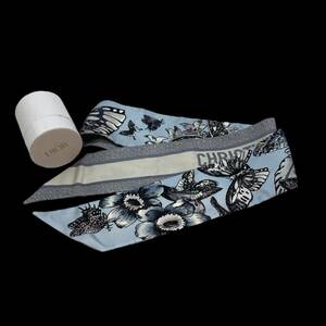 ディオール ミッツァ リボンスカーフ ツイリー レディース フラワー 蝶 シルク100％ ブルー系