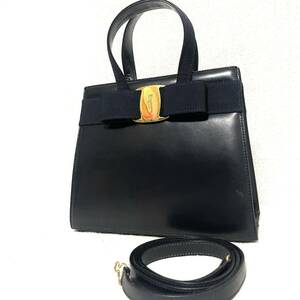 1円スタート！ 超美品 Salvatore Ferragamo フェラガモ 2way ショルダーバッグ ハンドバッグ ヴァラリボン カーフ レザー ネイビー 