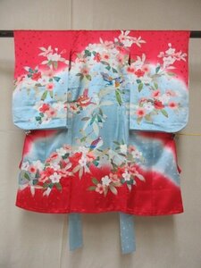 1円 良品 正絹 女児 子供着物 縮緬 七五三 和装 産着 花喰い鳥 枝垂れ桜 花柄 高級 袷 身丈98cm 身巾47cm【夢職】★★★