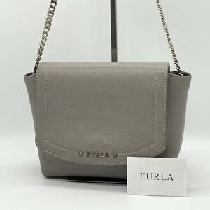 【美品】FURLA フルラ ニューデイジー ポシェット サコッシュ ショルダーバッグ チェーン 斜め掛け フォーマル シンプル グレー AF000318