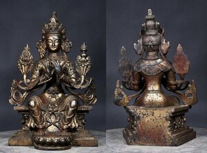 【清】某有名収集家買取品 西蔵・チベット伝来・時代物 銅製 泥金チャンバ仏造像 極細工 密教古美術