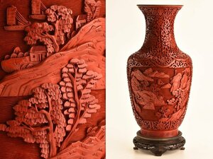 【琴》送料無料 中国美術 堆朱楼閣山水図花瓶 台付 高さ計43cm TS233