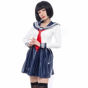 Mサイズ 学生服 女子制服 長袖 セーラー服 コスプレ レディース 制服 JK 仮装 可愛い コスチューム 白二本 紺色の襟 可愛い PUレーザー