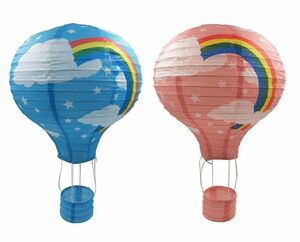 紙ちょうちん 熱気球型 雲 虹 40cm 4個セット (ブルー, ピンク)