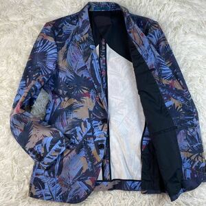 希少Lサイズ 1円◎PS Paul Smith ピーエスポールスミス　テーラードジャケット ボタニカル 花柄 フラワー 青 ネイビー 背抜き コットン100%