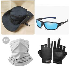 偏光サングラス、男女兼用サファリハット、釣り手袋黒、日焼け防止フェイスマスク