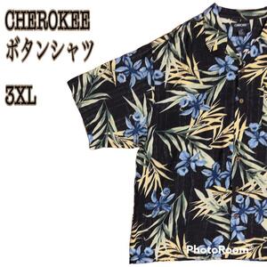 CHEROKEE 黒 アロハシャツシャツ メンズ 古着 3XL レーヨン100% 半袖シャツ 送料無料 花柄 ボタニカル ブラック 開襟シャツ オープンカラー