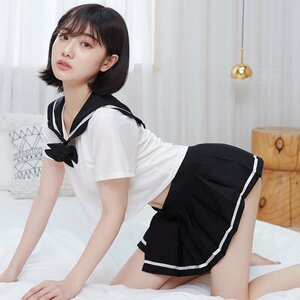 LYW1113★セクシー 可愛くて シフォン セーラー風 学生服 トップス&ミニスカート コスプレ コスチューム RT129/ブラック