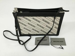 K18-961-1225-169▲【中古/美品】BALENCIAGA(バレンシアガ) 339937 ネイビーポシェット ロゴ柄 キャンバス レザー ショルダーバッグ