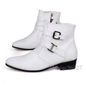 F636★ショートブーツ ビジネス 紳士靴 シークレット 5cm UP サイドジッパー イギリス風 お兄系 ホワイト25　