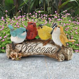 4羽の小鳥達の ウェルカムサインボード彫像 アート工芸 ガーデン装飾置物 玄関 エントランス 新築祝い 贈り物 輸入品