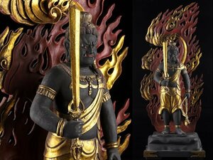 【流】仏教美術 彩色木彫特大不動明王像 高71cm TS370