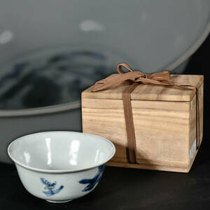 br10503 中国古玩 染付茶碗 青華 時代物 煎茶道具 箱付 煎茶碗 陶器 陶磁器 唐物 12.8x12.2cm 高6cm