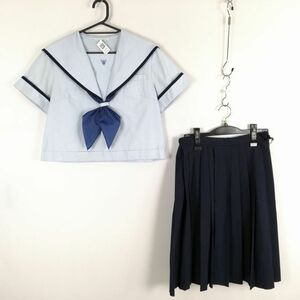 1円 セーラー服 スカート スカーフ 上下3点セット 160A 夏物 青1本線 女子 学生服 佐賀唐津東高校 青 制服 中古 ランク:C EY3432