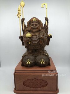 最新作 総檜材 木彫仏像 仏教美術 精密細工 切金 仏師で仕上げ品　 三面大黒天立像 高さ27cm