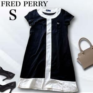 Fred Perry フレッドペリー ワンピース 半袖 ブラック ホワイト ひざ丈 Ｓ コットン バイカラー ブランド レディース 日本製 ロゴ