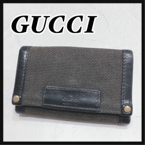 ☆GUCCI☆ グッチ キーケース 6連 カーキ ブラック キャンバス コットン 布 レザー メンズ 男性 紳士 ユニセックス 送料無料