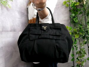 ●超美品●PRADA プラダ●リボン●ポコノ ナイロン カーフ レザー 本革●ハンド トート バッグ●黒●G金具●腕掛け●B5 書類 収納●Js46155