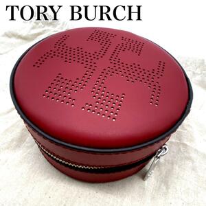 【未使用級】TORY BURCH　トリーバーチ　サークル　ポーチ　レザー　ロゴ　パンチング　ラウンド　ジップ　レッド　RED　赤　希少　レア