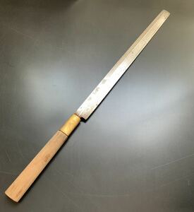 ★中古/「博 請合」刺身包丁 蛸引 刃渡/約33cm 全長/48.8cm 峰厚/約0.3mm 柄の長さ/約15.2cm